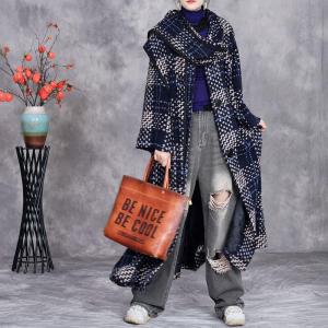 Winter Blue Checkered Wool Coat with Scarf