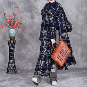 Winter Blue Checkered Wool Coat with Scarf