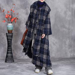 Winter Blue Checkered Wool Coat with Scarf