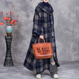 Winter Blue Checkered Wool Coat with Scarf