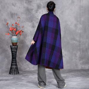 Round Collar Purple Tartan Cape Car Coat