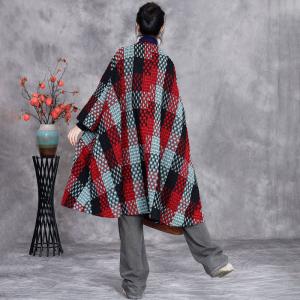 Plus Size Short Red Gingham Cape Coat