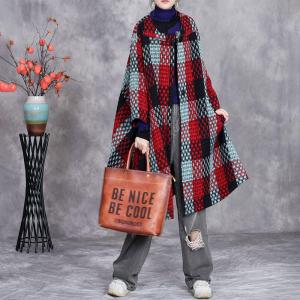 Plus Size Short Red Gingham Cape Coat