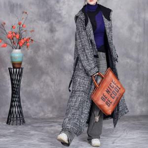 Elegant Wool Blend Gray Long Hooded Coat