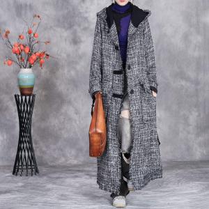 Elegant Wool Blend Gray Long Hooded Coat