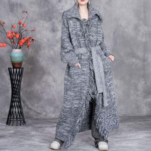 Fringed Edge Elegant Cashmere Tied Robe Coat