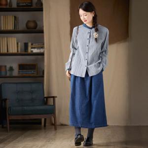 Blue Hems Button Down Plaid Ladies Shirt
