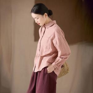 Vertical Striped Cotton Polo Neck Pink Blouse
