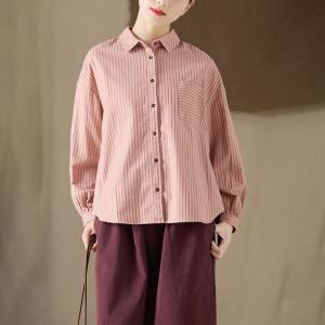 Vertical Striped Cotton Polo Neck Pink Blouse