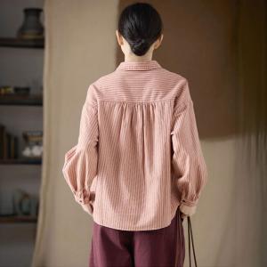 Vertical Striped Cotton Polo Neck Pink Blouse