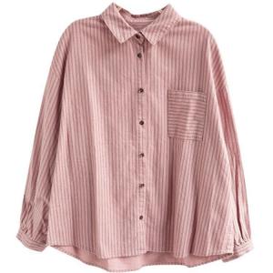 Vertical Striped Cotton Polo Neck Pink Blouse