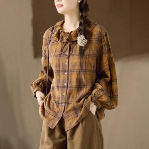 Flouncing Collar Elegant Cotton Gingham Blouse