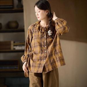 Flouncing Collar Elegant Cotton Gingham Blouse