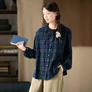 Flouncing Collar Elegant Cotton Gingham Blouse
