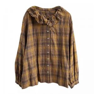 Flouncing Collar Elegant Cotton Gingham Blouse
