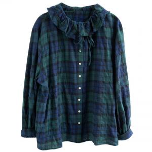 Flouncing Collar Elegant Cotton Gingham Blouse