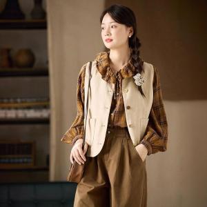 Flouncing Collar Elegant Cotton Gingham Blouse