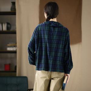 Flouncing Collar Elegant Cotton Gingham Blouse