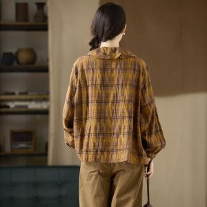 Flouncing Collar Elegant Cotton Gingham Blouse