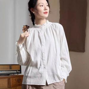 Cotton Jacquard Ruffled Collar White Peasant Blouse