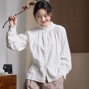 Cotton Jacquard Ruffled Collar White Peasant Blouse