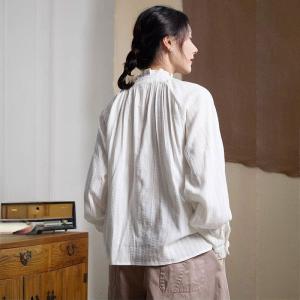 Cotton Jacquard Ruffled Collar White Peasant Blouse