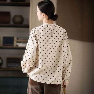 French Chic Puff Sleeves Loose Linen Polka Dot Blouse