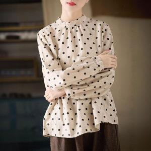 French Chic Puff Sleeves Loose Linen Polka Dot Blouse