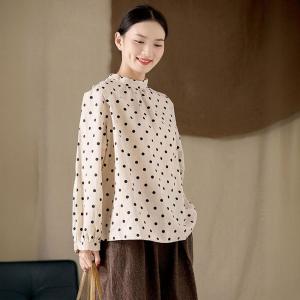 French Chic Puff Sleeves Loose Linen Polka Dot Blouse
