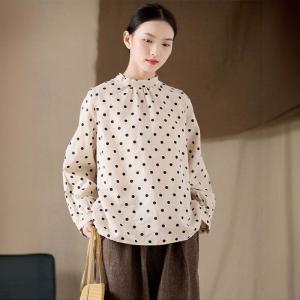 French Chic Puff Sleeves Loose Linen Polka Dot Blouse