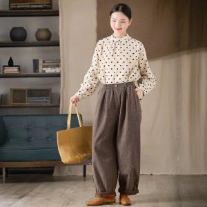 French Chic Puff Sleeves Loose Linen Polka Dot Blouse