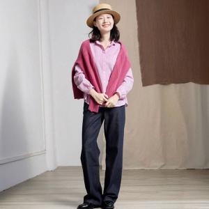 Polo Neck Pinstriped Pink Oversized Blouse