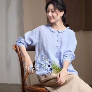 Baby Blue Loose Linen Boho Blouse