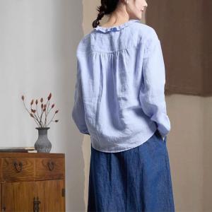 Baby Blue Loose Linen Boho Blouse