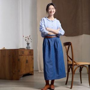 Baby Blue Loose Linen Boho Blouse