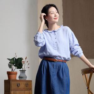 Baby Blue Loose Linen Boho Blouse