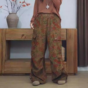 Flap Pockets Wide Leg Corduroy Floral Pants
