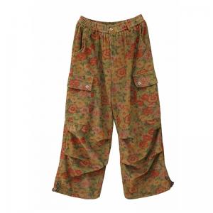 Flap Pockets Wide Leg Corduroy Floral Pants