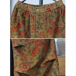 Flap Pockets Wide Leg Corduroy Floral Pants