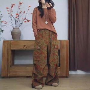 Flap Pockets Wide Leg Corduroy Floral Pants
