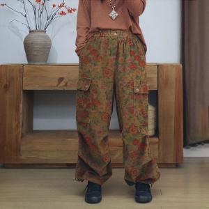 Flap Pockets Wide Leg Corduroy Floral Pants