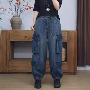 Elastic Waist Striped Comfy Cargo Jeans