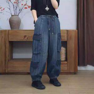Elastic Waist Striped Comfy Cargo Jeans