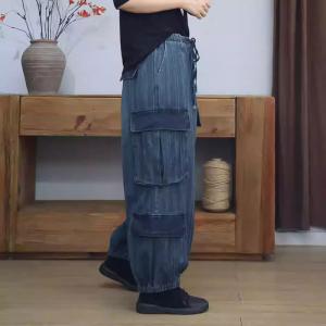 Elastic Waist Striped Comfy Cargo Jeans