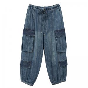 Elastic Waist Striped Comfy Cargo Jeans