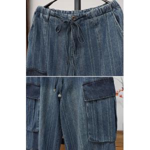 Elastic Waist Striped Comfy Cargo Jeans
