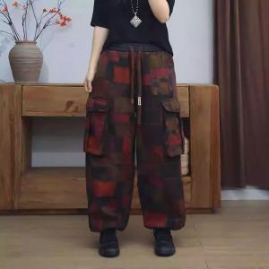 Colorful Blocks Side Pockets Winter Fleeced Pants