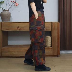 Colorful Blocks Side Pockets Winter Fleeced Pants
