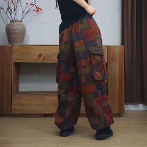 Colorful Blocks Side Pockets Winter Fleeced Pants