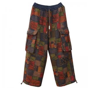 Colorful Blocks Side Pockets Winter Fleeced Pants